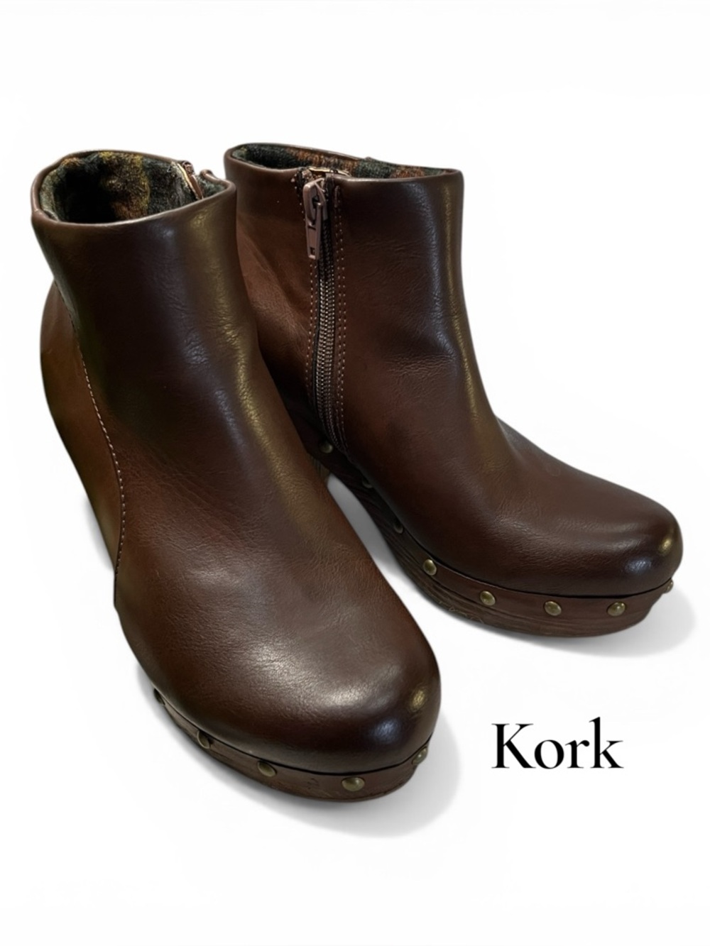 Korks Dark Brown Faux Leather Studded Clog Ankle Boots